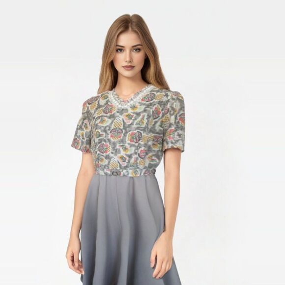 60s 70s Gray Print Dress Short Sleeve Polyester Vintage L 41 Bust - Picture 2 of 8